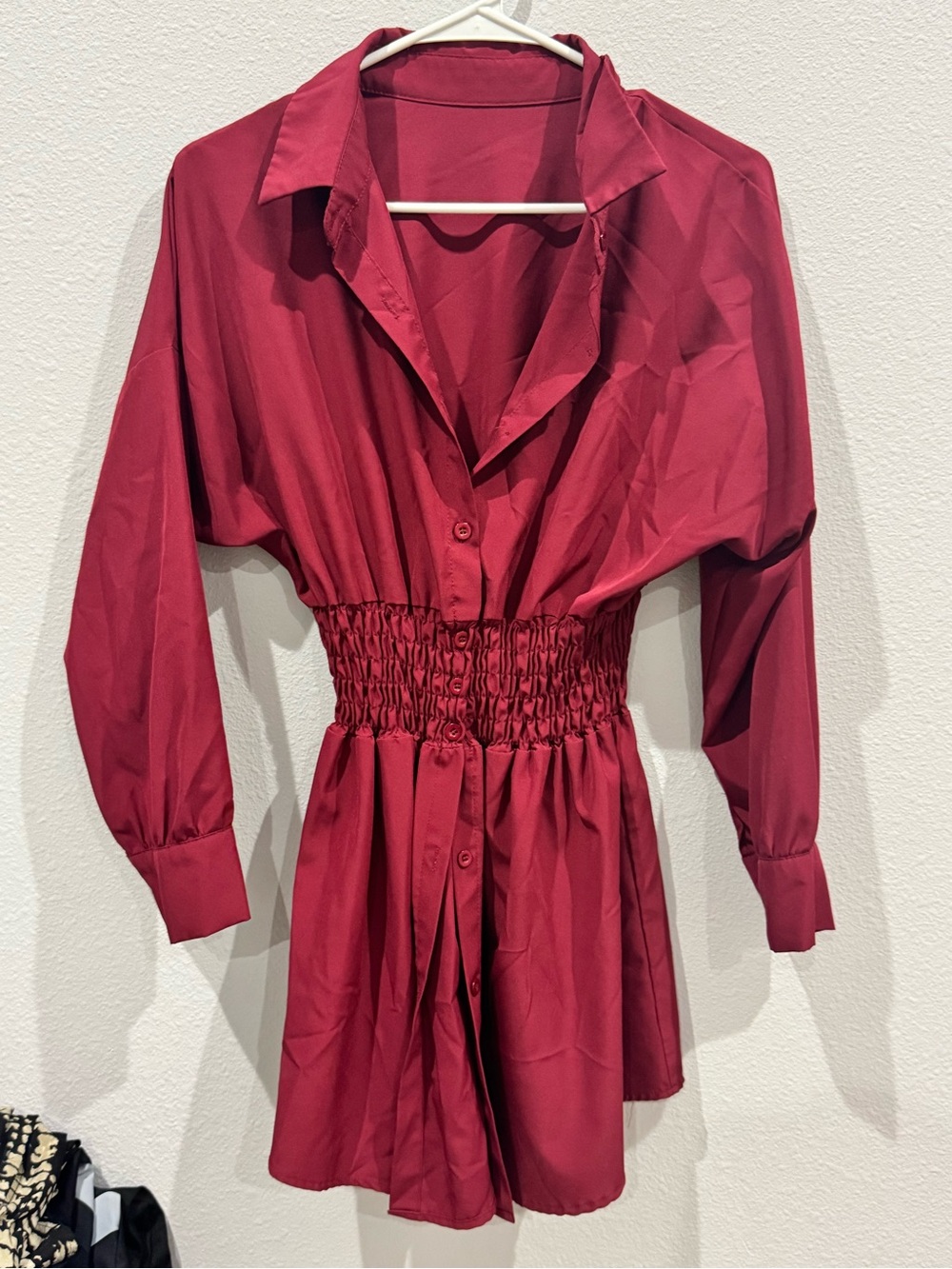 Smocked Waist Burgundy Shirt Dress